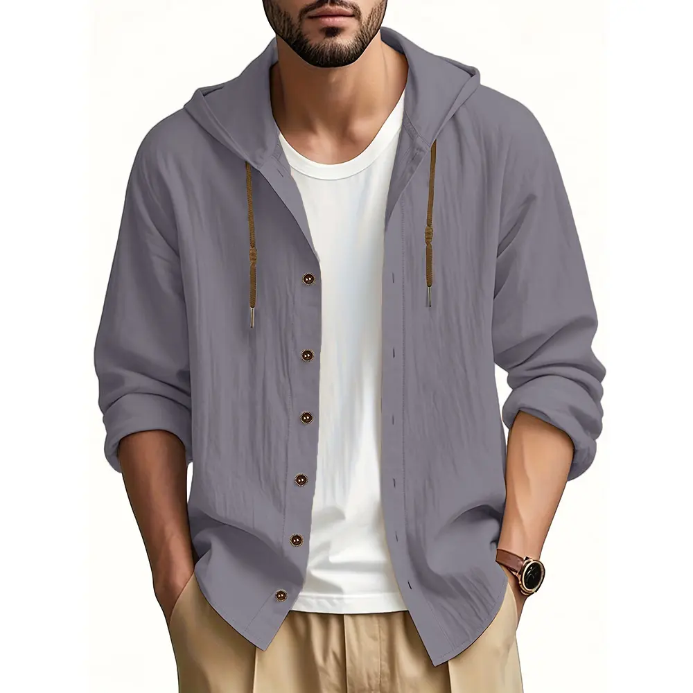 Men's Casual Hooded Cotton Linen Shirts Spring Lightweight Breathable Vacation Beach Style Fashion Button Tops Male Shirt