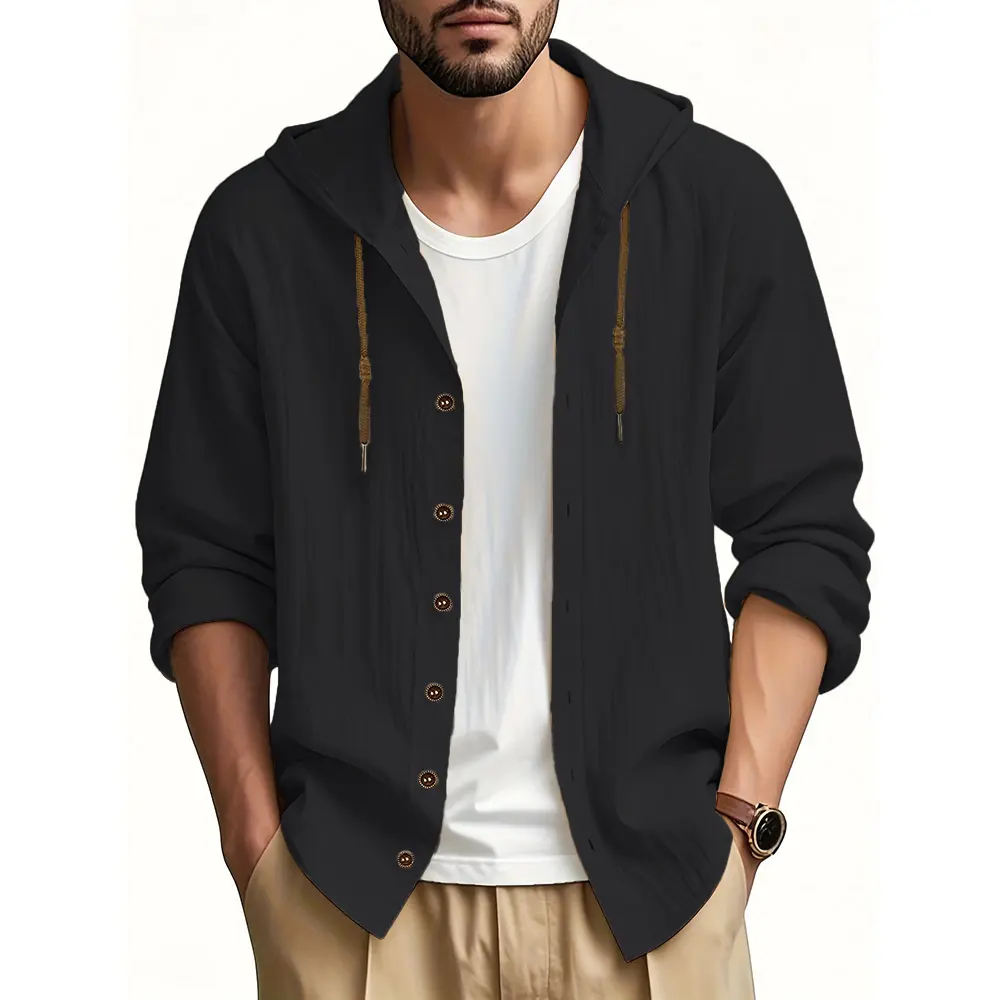Men's Casual Hooded Cotton Linen Shirts Spring Lightweight Breathable Vacation Beach Style Fashion Button Tops Male Shirt