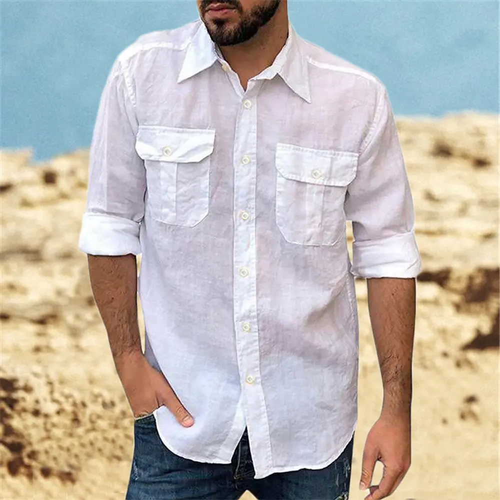Cotton Linen Men's Classic Shirt Double Pocket Long Sleeve Casual Tops Lapel Solid Color Lightweight  Shirt Trendy Male Clothing