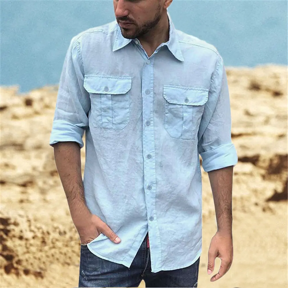 Cotton Linen Men's Classic Shirt Double Pocket Long Sleeve Casual Tops Lapel Solid Color Lightweight  Shirt Trendy Male Clothing