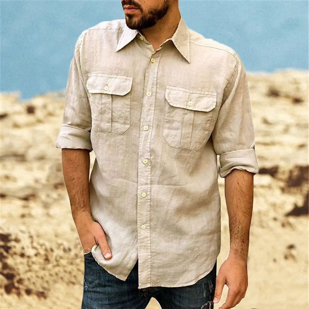 Cotton Linen Men's Classic Shirt Double Pocket Long Sleeve Casual Tops Lapel Solid Color Lightweight  Shirt Trendy Male Clothing