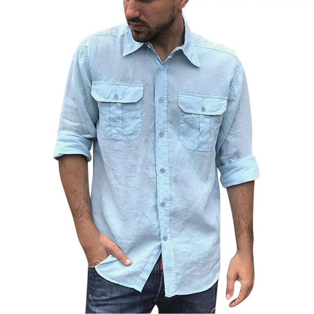 Cotton Linen Men's Classic Shirt Double Pocket Long Sleeve Casual Tops Lapel Solid Color Lightweight  Shirt Trendy Male Clothing
