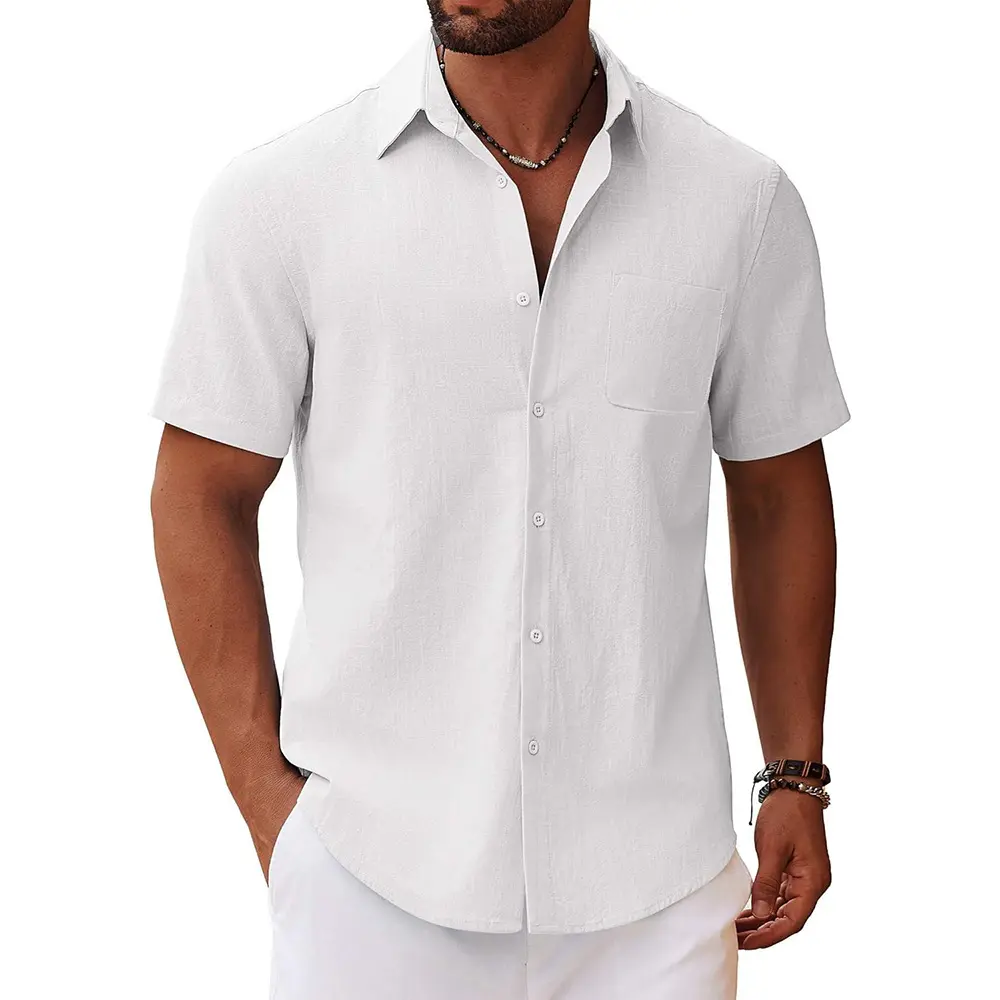 Cotton Linen Shirt for Men Solid Color Casual Basic Style Shirts Breathable Lightweight Male Dailywear Turn-down Collar Tops
