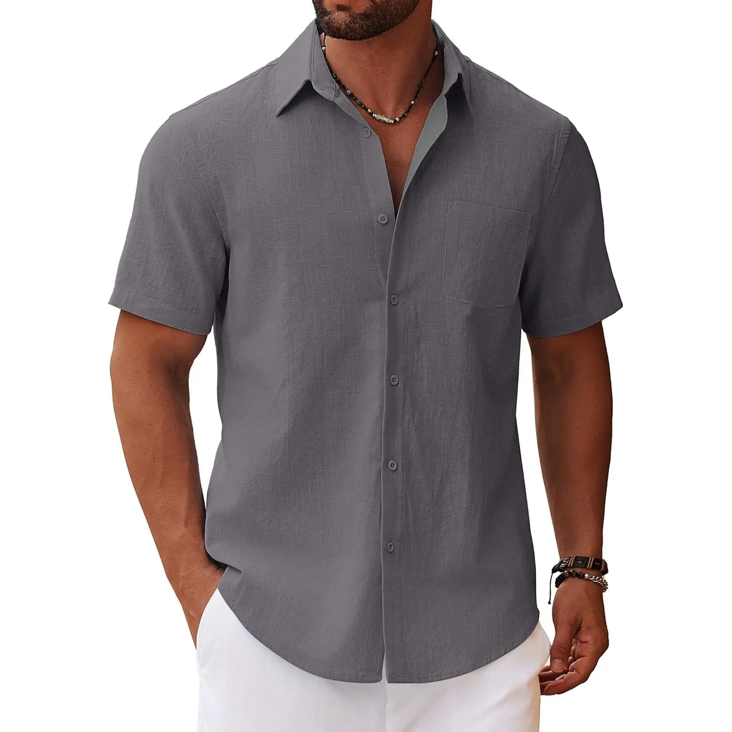 Cotton Linen Shirt for Men Solid Color Casual Basic Style Shirts Breathable Lightweight Male Dailywear Turn-down Collar Tops