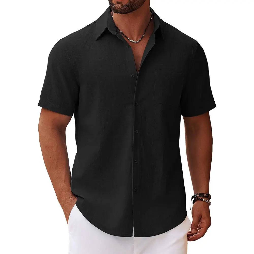Cotton Linen Shirt for Men Solid Color Casual Basic Style Shirts Breathable Lightweight Male Dailywear Turn-down Collar Tops