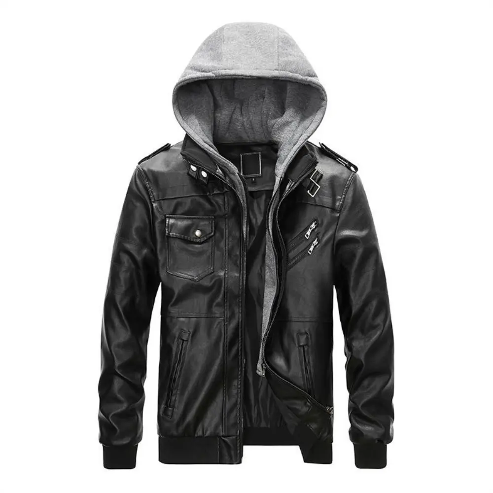 Winter New Leather Jacket Men's Hooded Multi-pocket Large Size Men's PU Leather Jacket Coat Casual Men's Clothing