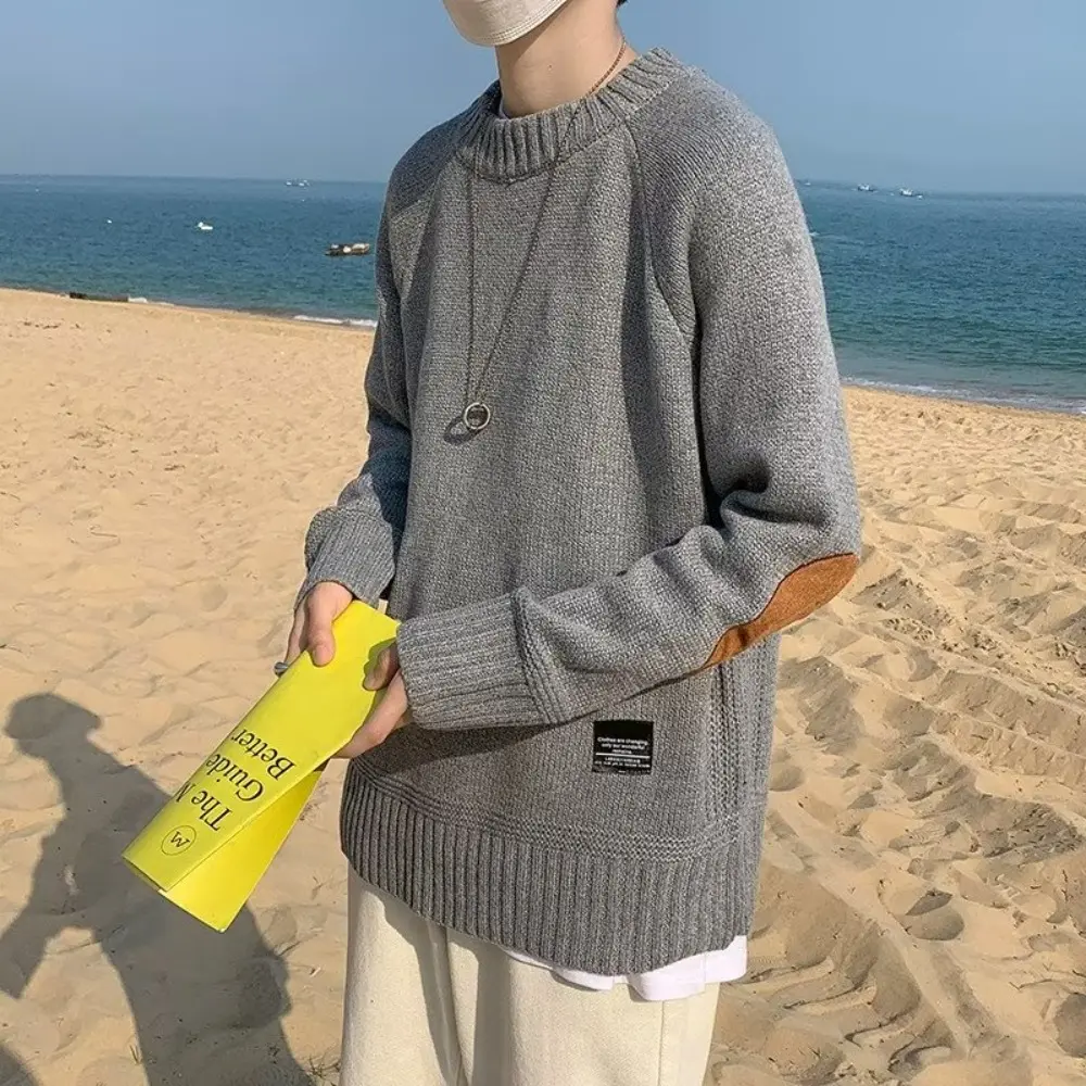 Men's Casual Pullobers Color Blocking Winter Warm Sweater Fashion Loose Harajuku Lapled Round Neck Sweaters for Men