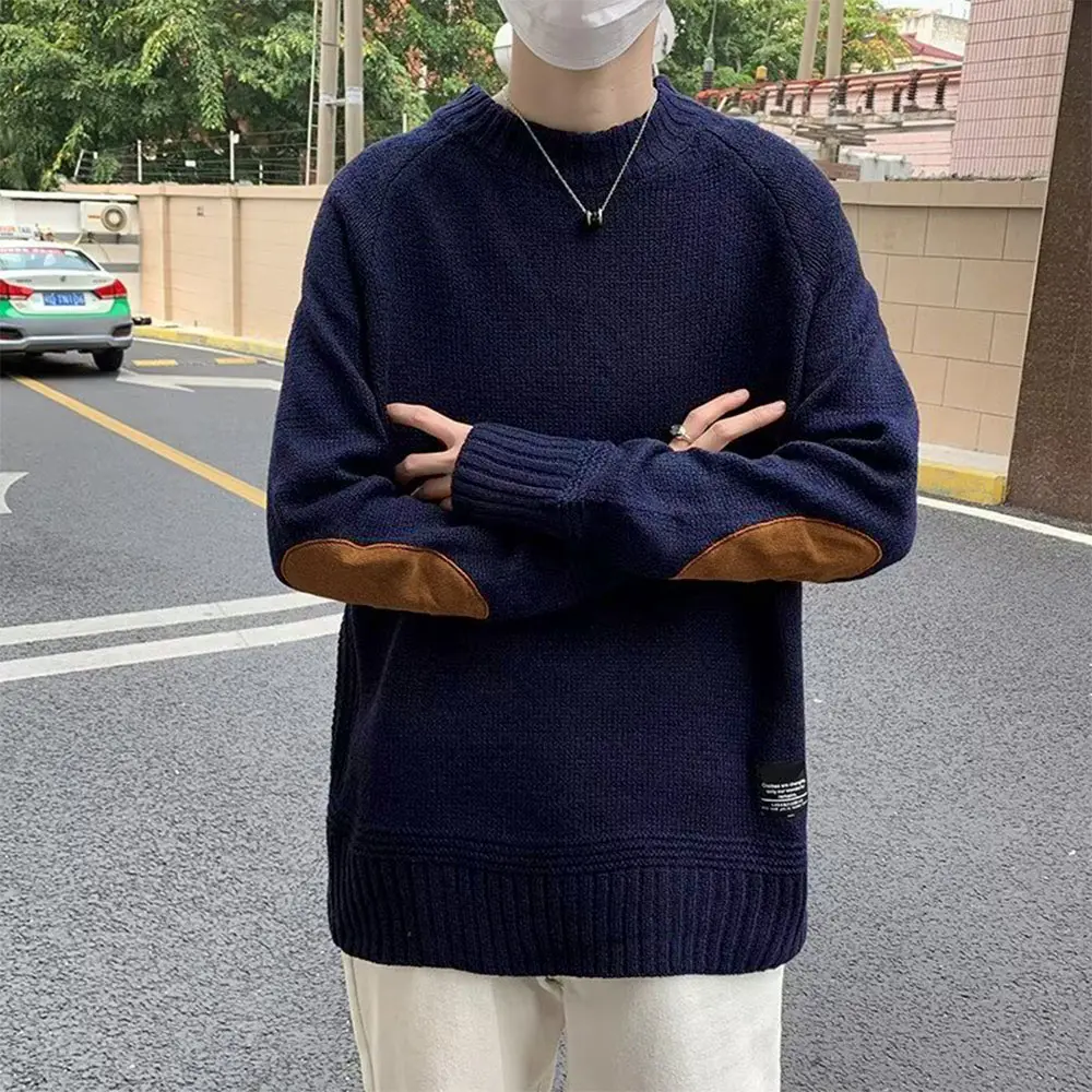 Men's Casual Pullobers Color Blocking Winter Warm Sweater Fashion Loose Harajuku Lapled Round Neck Sweaters for Men