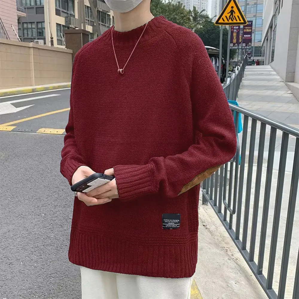 Men's Casual Pullobers Color Blocking Winter Warm Sweater Fashion Loose Harajuku Lapled Round Neck Sweaters for Men