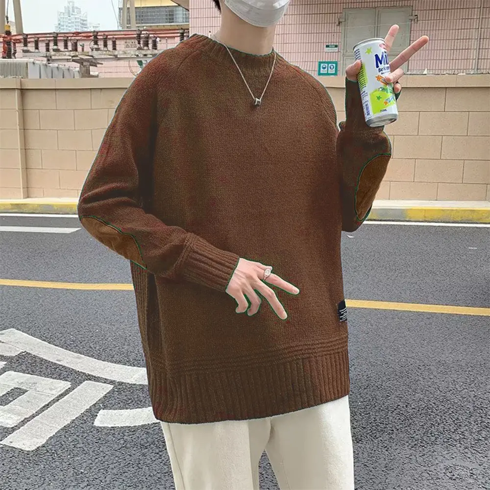 Men's Casual Pullobers Color Blocking Winter Warm Sweater Fashion Loose Harajuku Lapled Round Neck Sweaters for Men