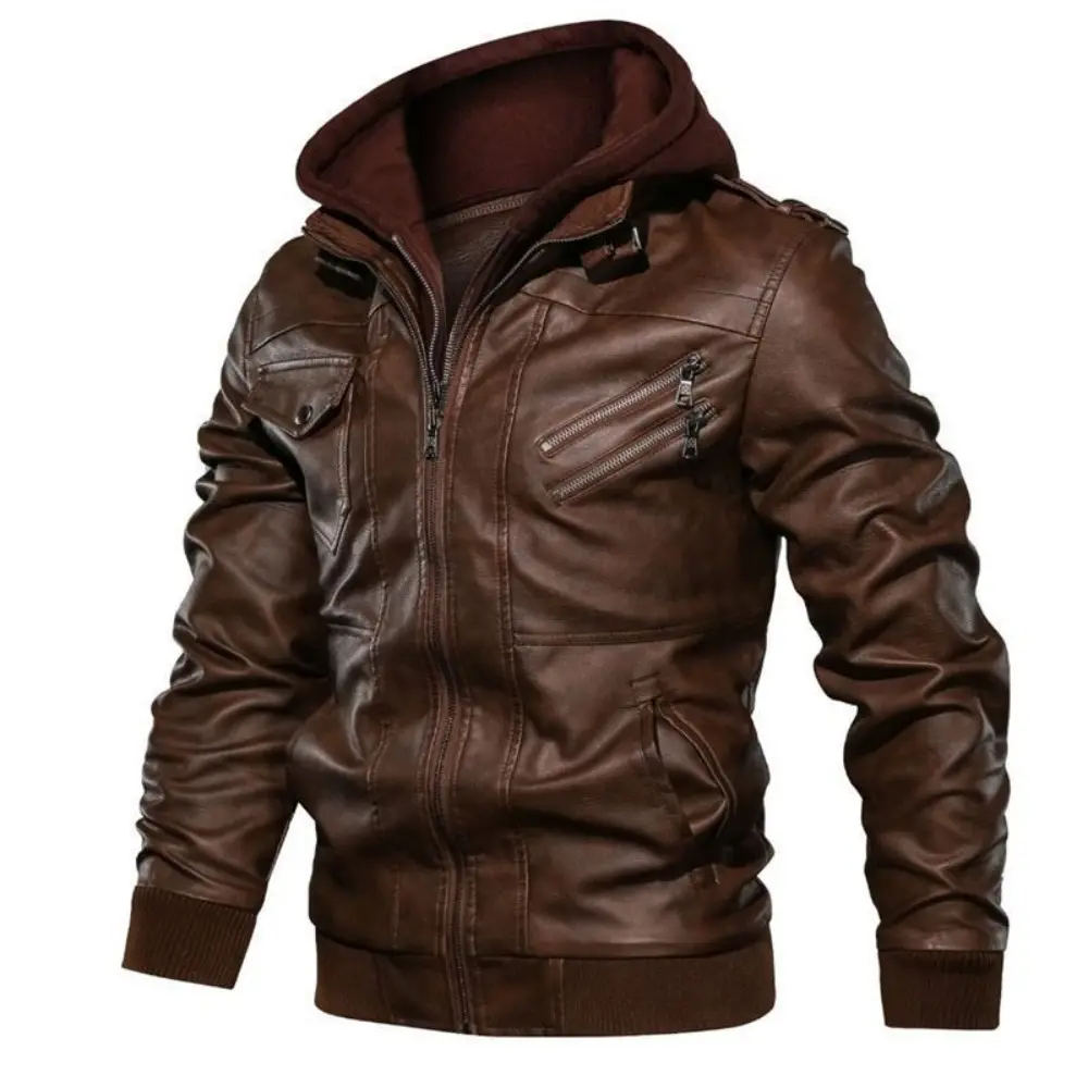Men's Fall Winter Jacket PU Leather Jackets Stand-up Collar Motorcycle Biker Clothing Casual Detachable Hooded Coats