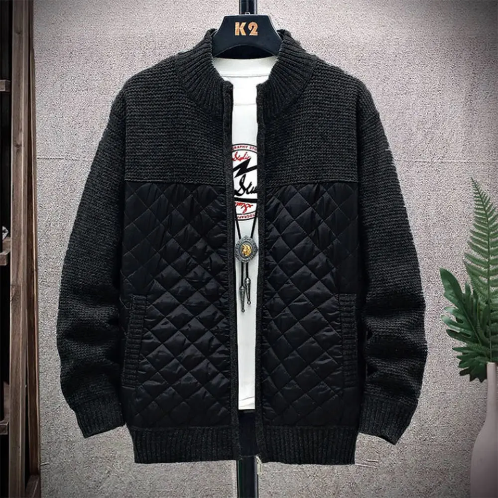 Fuzzy Lining Men's Sweater Jacket Plus Size Cardigan Jacket Stand-up Collar Patchwork Sweatercoat Warm