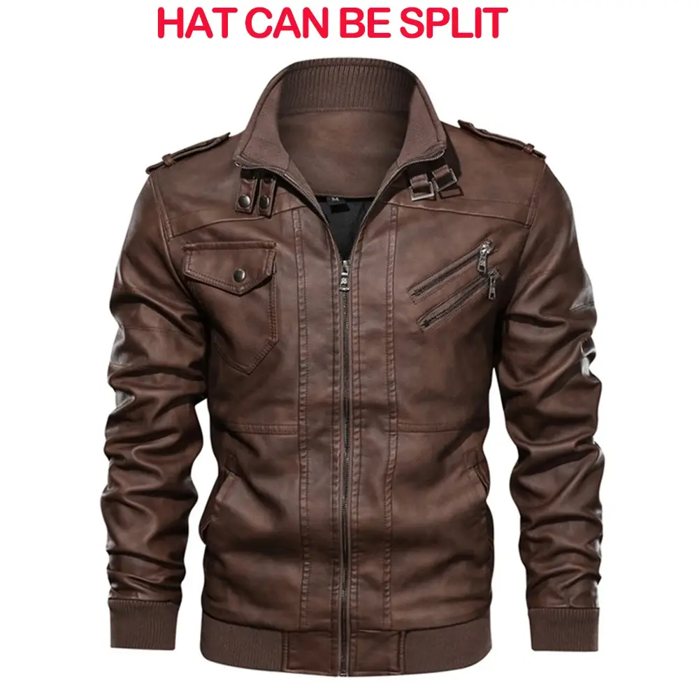 Men's Fall Winter Jacket PU Leather Jackets Stand-up Collar Motorcycle Biker Clothing Casual Detachable Hooded Coats