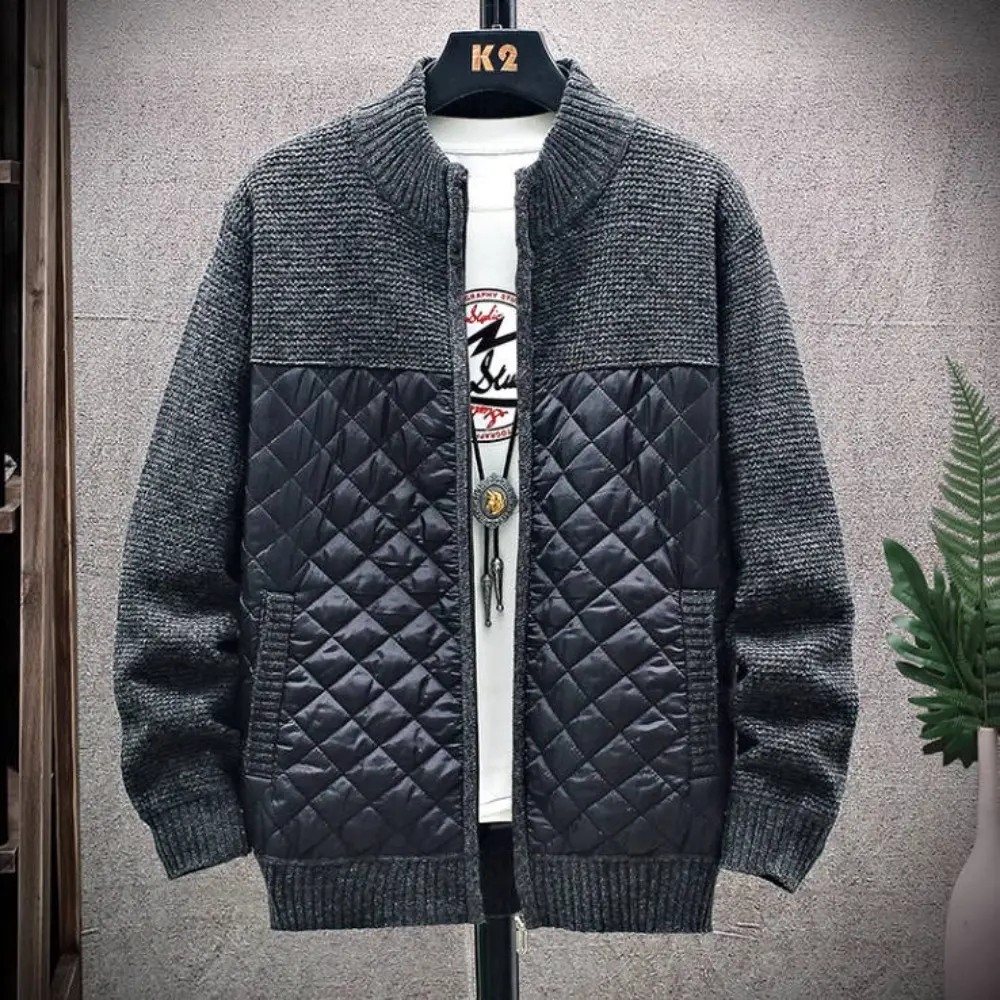 Fuzzy Lining Men's Sweater Jacket Plus Size Cardigan Jacket Stand-up Collar Patchwork Sweatercoat Warm