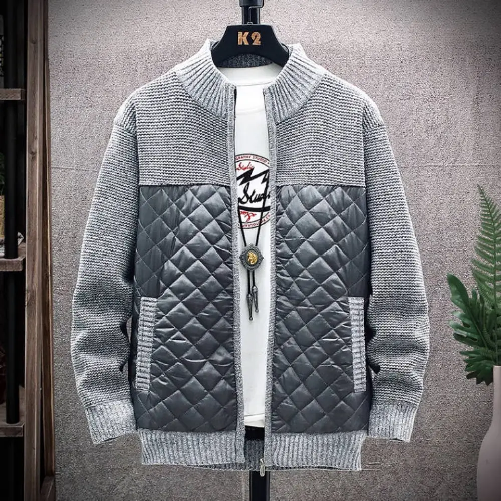 Fuzzy Lining Men's Sweater Jacket Plus Size Cardigan Jacket Stand-up Collar Patchwork Sweatercoat Warm