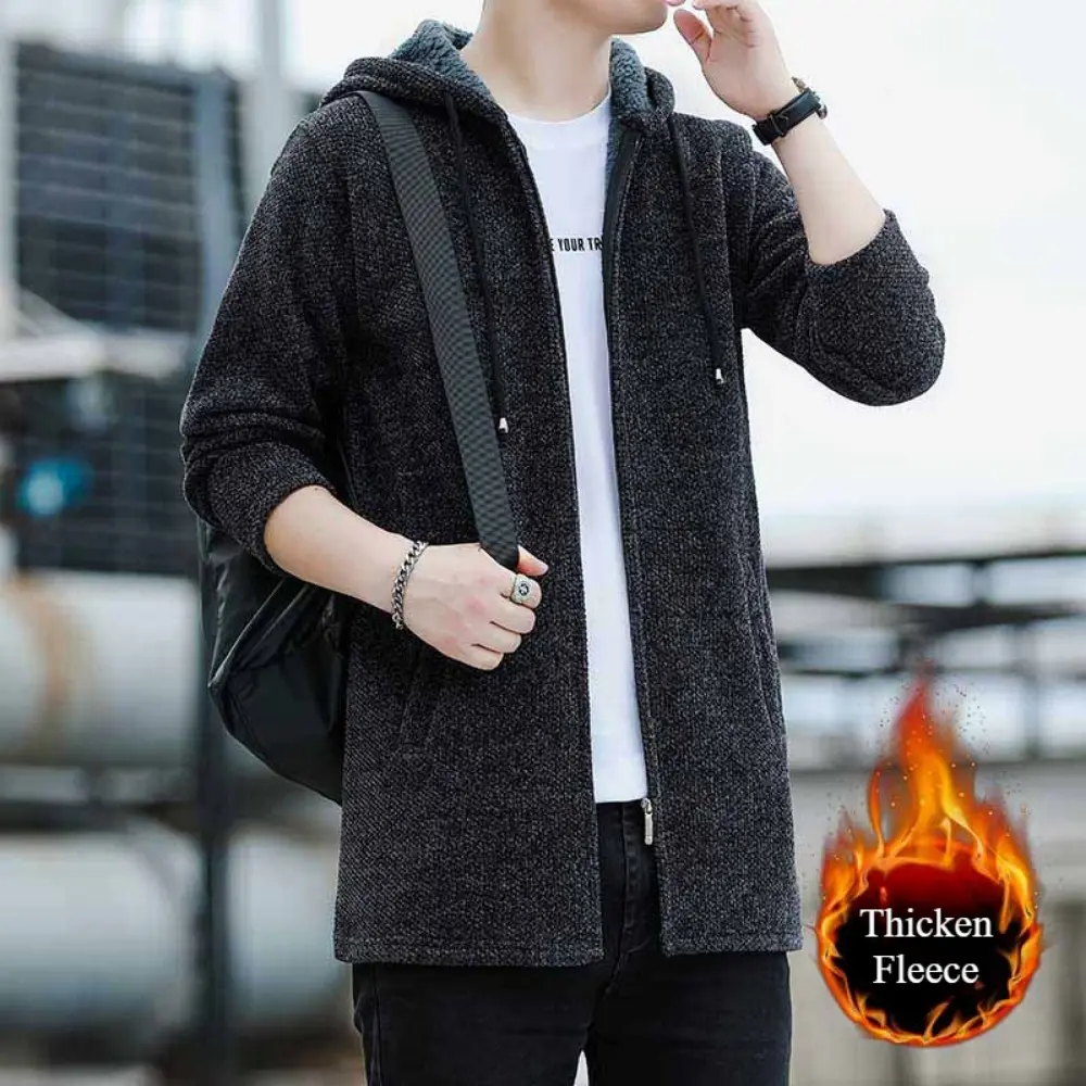 Men's Casual Design Cardigan Vertical Thickened Long Sleeved Coat Long Sweater Men Clothing Autumn Winter Coat