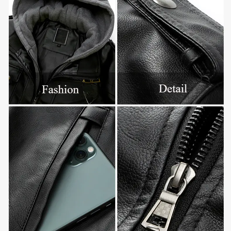Men's Fall Winter Jacket PU Leather Jackets Stand-up Collar Motorcycle Biker Clothing Casual Detachable Hooded Coats