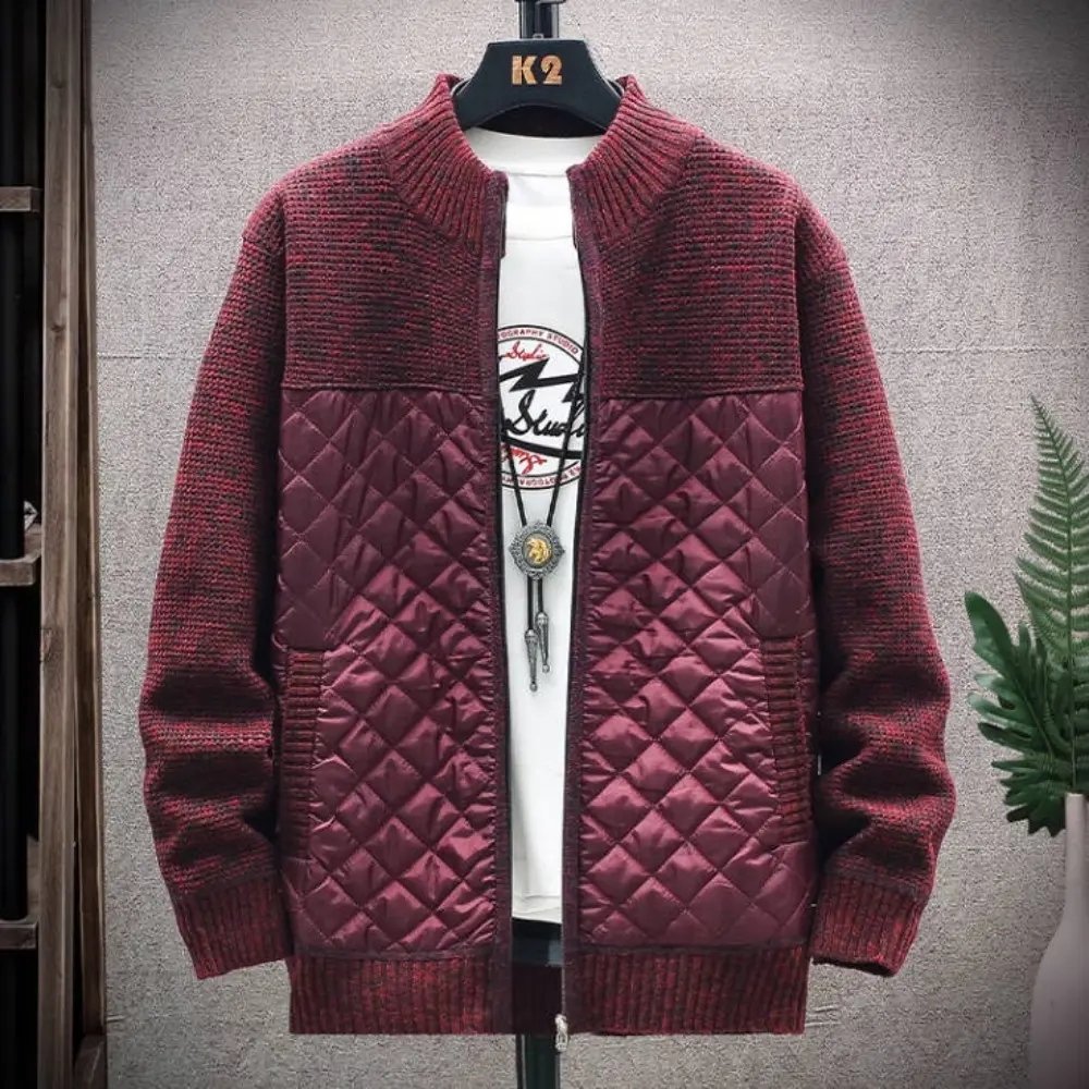 Fuzzy Lining Men's Sweater Jacket Plus Size Cardigan Jacket Stand-up Collar Patchwork Sweatercoat Warm