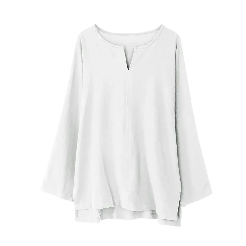 Men's Long Sleeve Tshirt Solid Color V-neck Design Lightweight Shirts Oversized Breathable T Shirt Linen Cotton Streetwear
