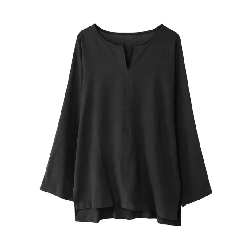 Men's Long Sleeve Tshirt Solid Color V-neck Design Lightweight Shirts Oversized Breathable T Shirt Linen Cotton Streetwear