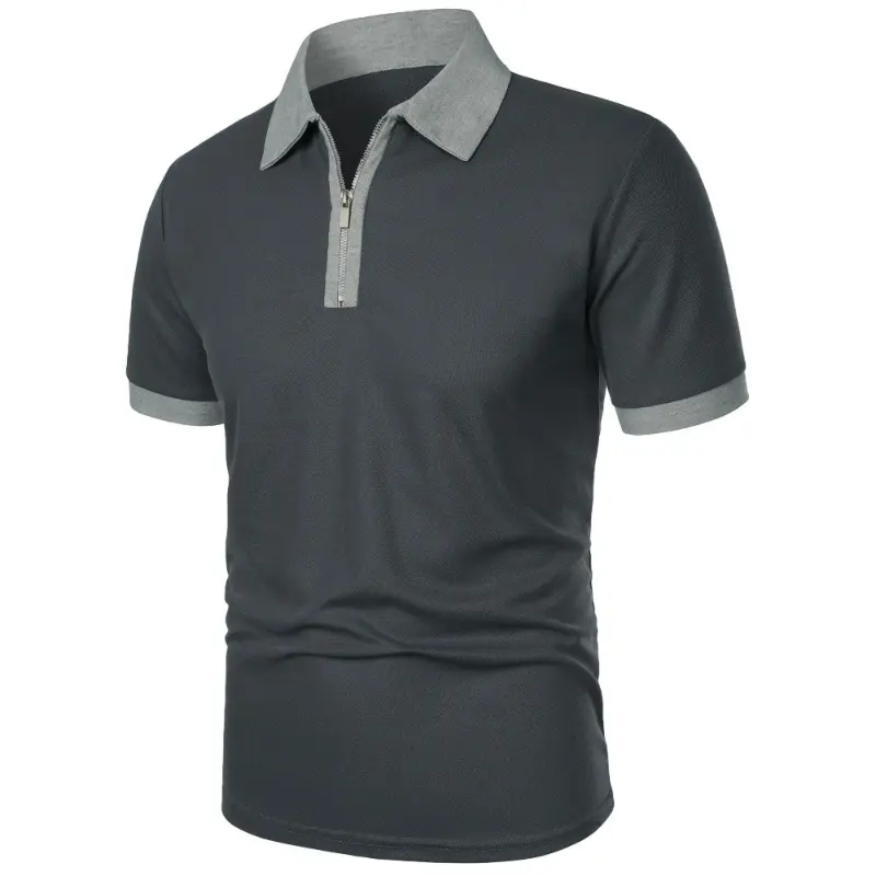 Summer Men's Solid Color Polo Shirt Short Sleeve Zipper Tshirts for Men Lapel Breathable Sweatwear Large Size Lightweight Tops