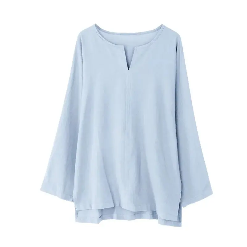 Men's Long Sleeve Tshirt Solid Color V-neck Design Lightweight Shirts Oversized Breathable T Shirt Linen Cotton Streetwear