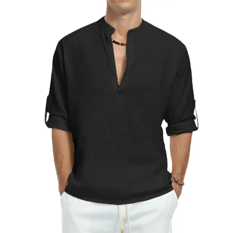 New Men's Cotton T Shirts Long Sleeve Button Down Henley Shirts Casual Beach T-shirts Breathable Streetwear Lightweight Tops