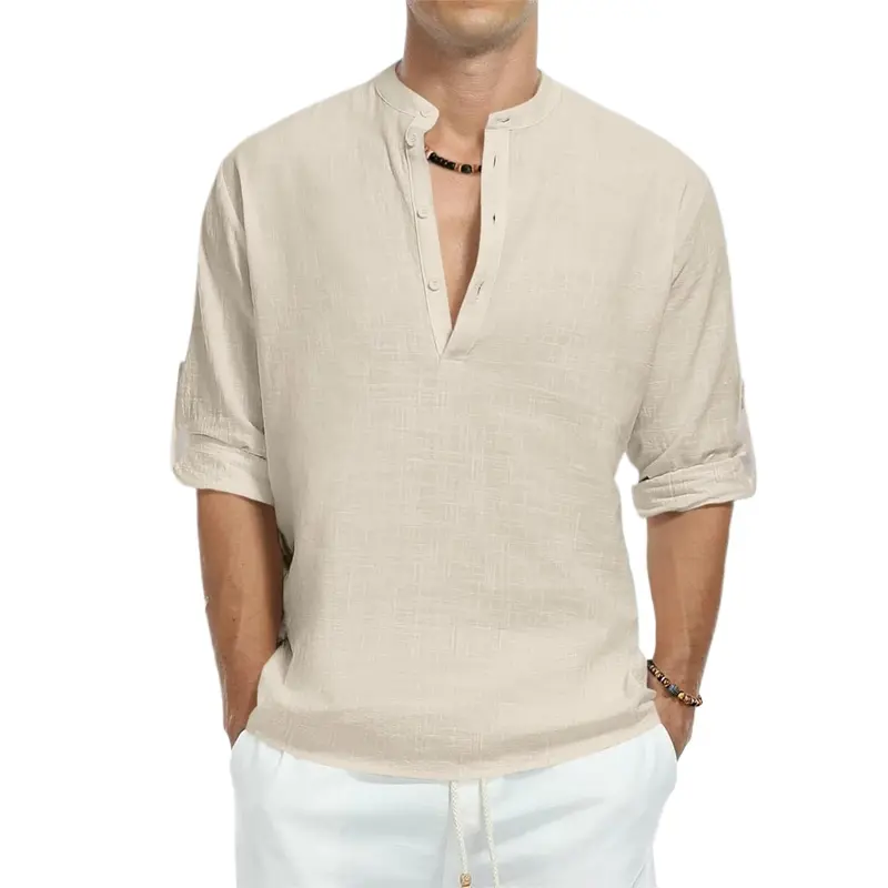 New Men's Cotton T Shirts Long Sleeve Button Down Henley Shirts Casual Beach T-shirts Breathable Streetwear Lightweight Tops