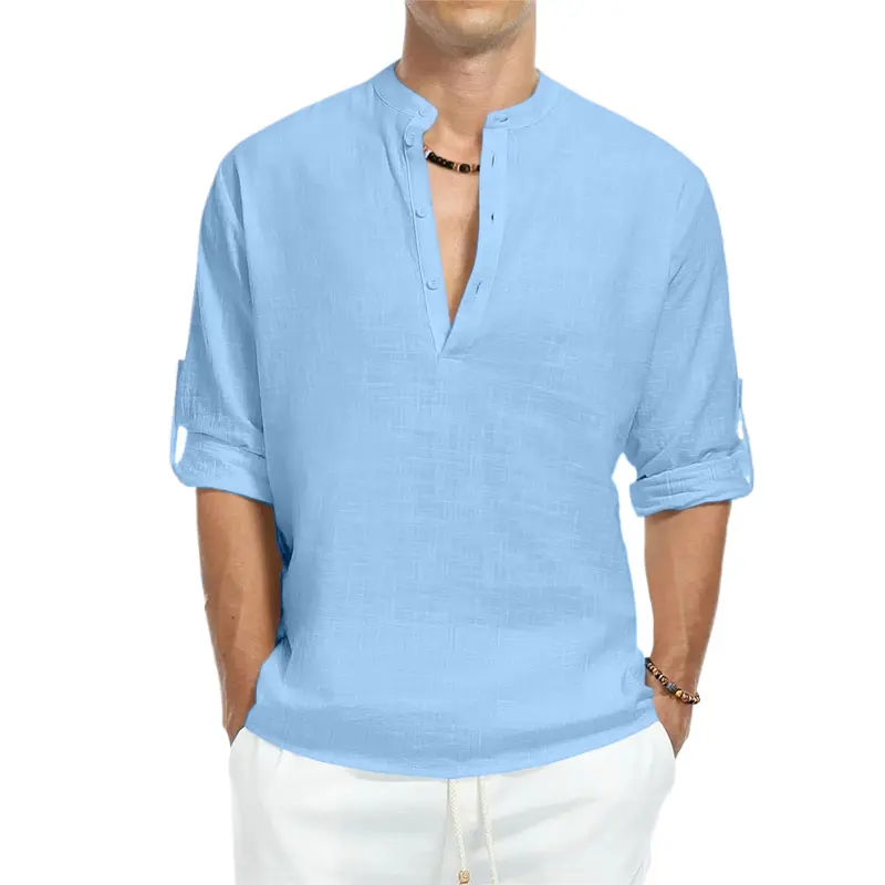 New Men's Cotton T Shirts Long Sleeve Button Down Henley Shirts Casual Beach T-shirts Breathable Streetwear Lightweight Tops