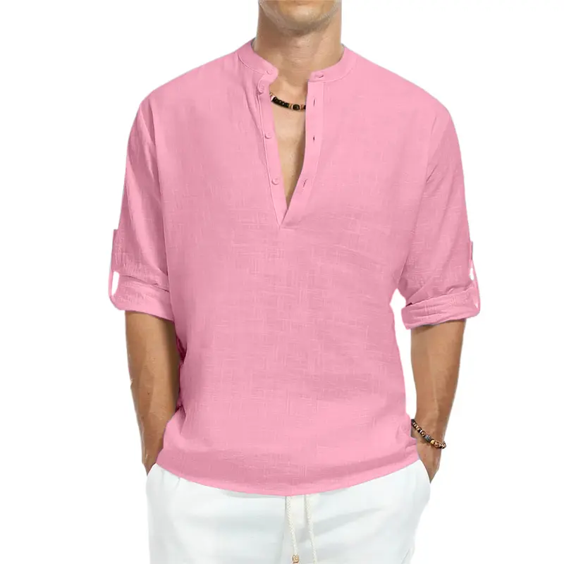 New Men's Cotton T Shirts Long Sleeve Button Down Henley Shirts Casual Beach T-shirts Breathable Streetwear Lightweight Tops