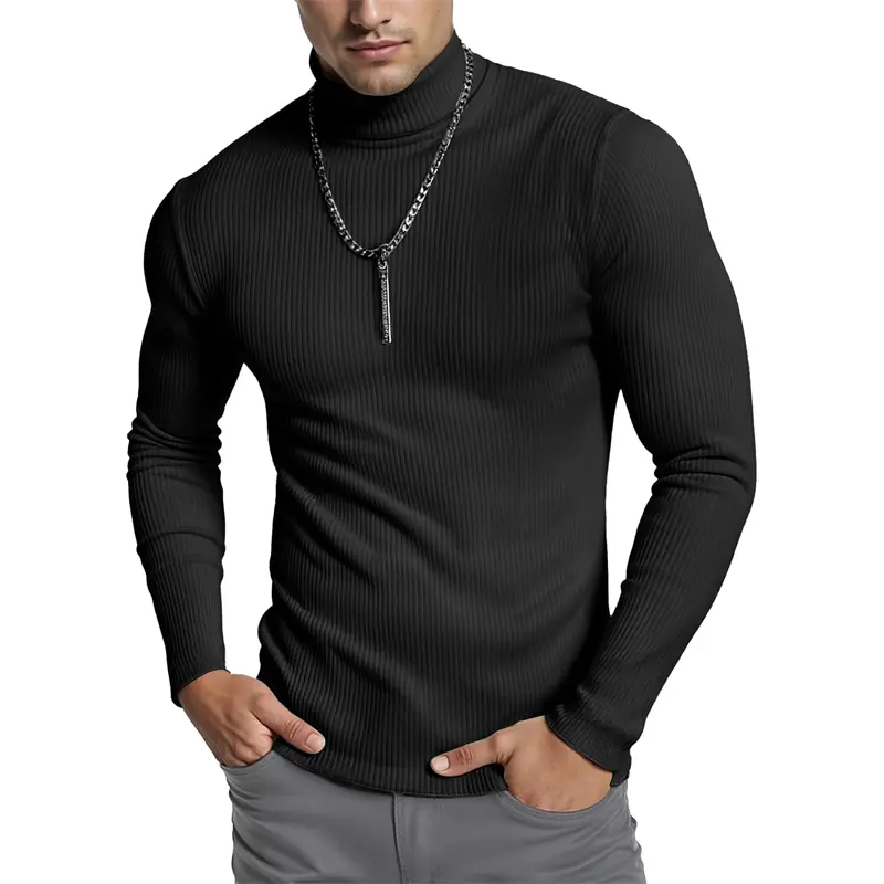 New Men's Ribbed Turtleneck Sweaters Slim Fit Pullover Casual Long Sleeves Basic Top Solid Color Stripes Streetwear Casual Coats
