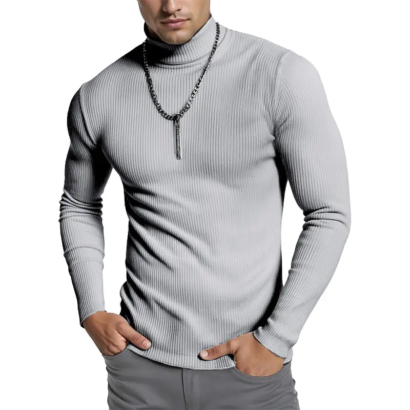 New Men's Ribbed Turtleneck Sweaters Slim Fit Pullover Casual Long Sleeves Basic Top Solid Color Stripes Streetwear Casual Coats