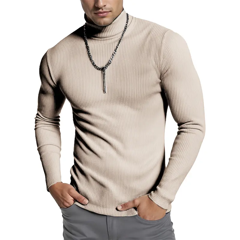 New Men's Ribbed Turtleneck Sweaters Slim Fit Pullover Casual Long Sleeves Basic Top Solid Color Stripes Streetwear Casual Coats