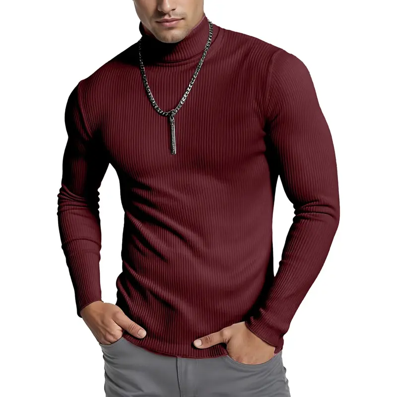 New Men's Ribbed Turtleneck Sweaters Slim Fit Pullover Casual Long Sleeves Basic Top Solid Color Stripes Streetwear Casual Coats