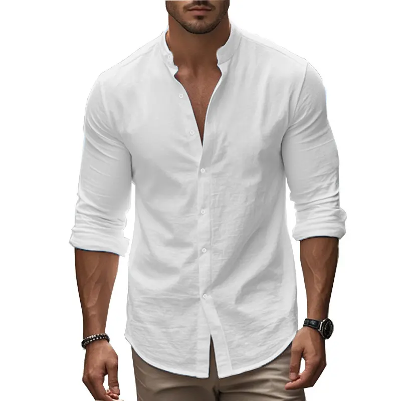 Men's Cotton Shirt Long Sleeve Stand-Up Collar T Shirt Men's Casual Shirt Casual Regular Fit Summer Stand Breathable Streetwear