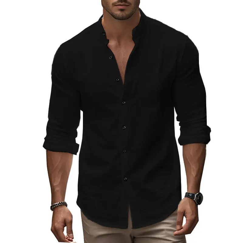 Men's Cotton Shirt Long Sleeve Stand-Up Collar T Shirt Men's Casual Shirt Casual Regular Fit Summer Stand Breathable Streetwear