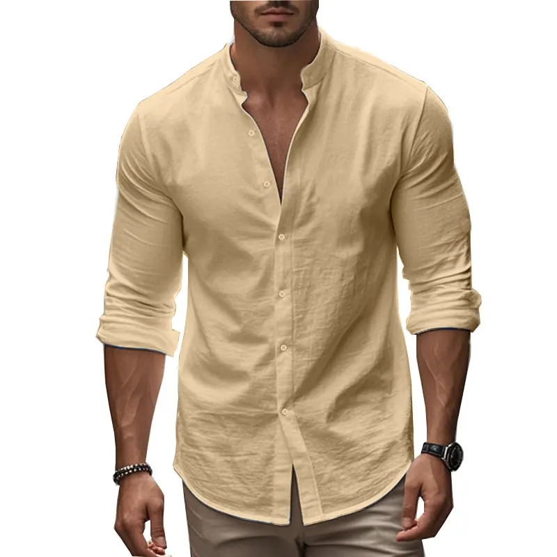 Men's Cotton Shirt Long Sleeve Stand-Up Collar T Shirt Men's Casual Shirt Casual Regular Fit Summer Stand Breathable Streetwear