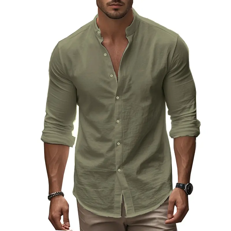 Men's Cotton Shirt Long Sleeve Stand-Up Collar T Shirt Men's Casual Shirt Casual Regular Fit Summer Stand Breathable Streetwear