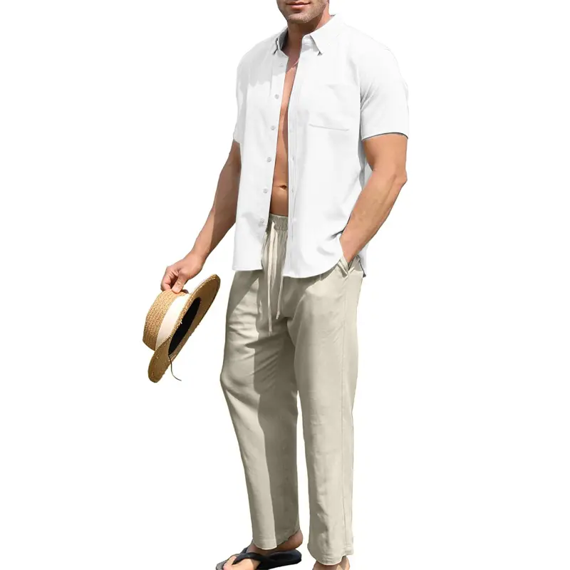 Men’s 2 Piece Cotton Outfit Summer Beach Short Sleeve Button Down Shirt and Pants Set Oversize Sportswear T-shirts Tracksuit
