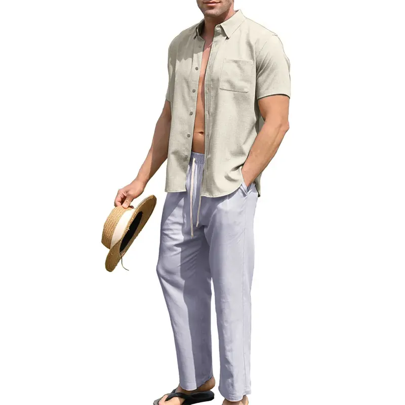 Men’s 2 Piece Cotton Outfit Summer Beach Short Sleeve Button Down Shirt and Pants Set Oversize Sportswear T-shirts Tracksuit