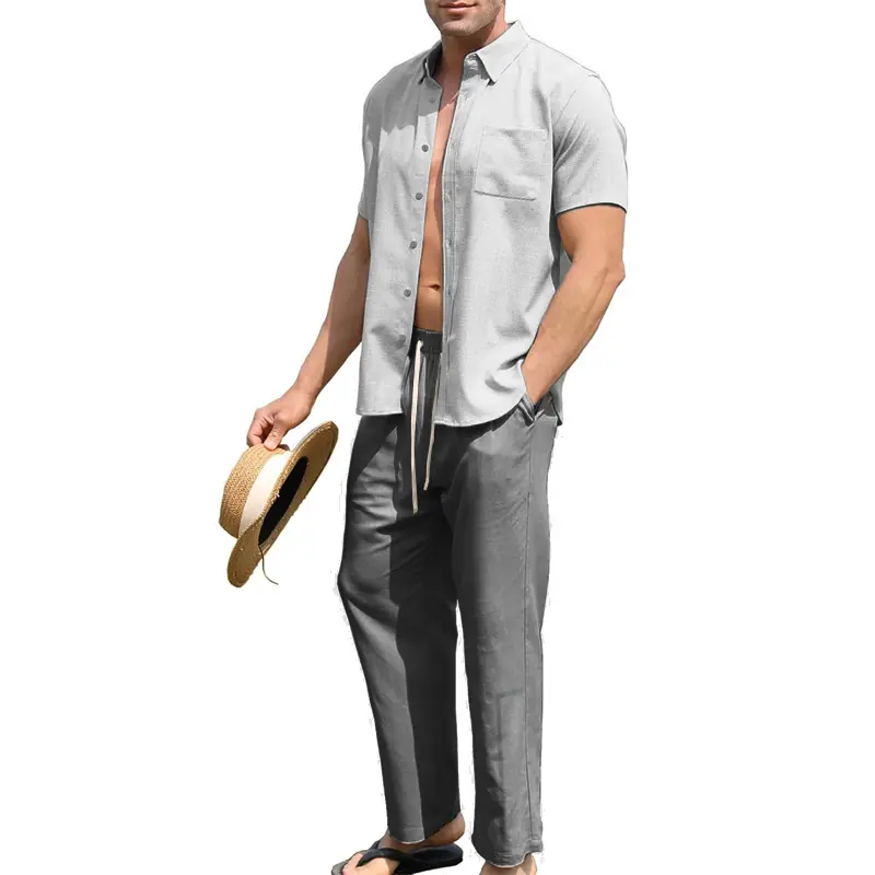 Men’s 2 Piece Cotton Outfit Summer Beach Short Sleeve Button Down Shirt and Pants Set Oversize Sportswear T-shirts Tracksuit