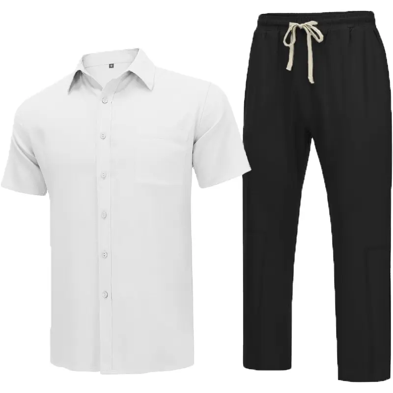 Summer Men’s Cotton Beach Short Sleeve Shirt and Pants Set Pocket Oversize Sportswear Button Down T-shirts Tracksuit 2 Piece
