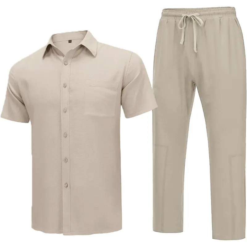Summer Men’s Cotton Beach Short Sleeve Shirt and Pants Set Pocket Oversize Sportswear Button Down T-shirts Tracksuit 2 Piece