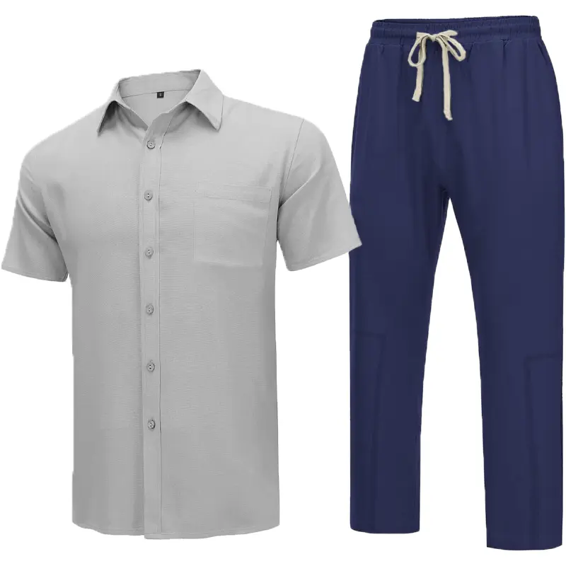 Summer Men’s Cotton Beach Short Sleeve Shirt and Pants Set Pocket Oversize Sportswear Button Down T-shirts Tracksuit 2 Piece