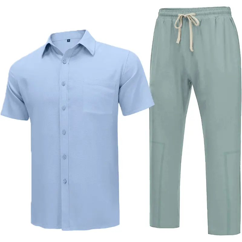 Summer Men’s Cotton Beach Short Sleeve Shirt and Pants Set Pocket Oversize Sportswear Button Down T-shirts Tracksuit 2 Piece