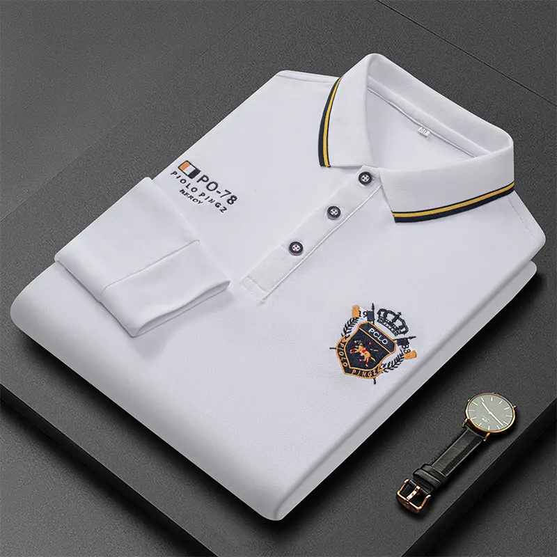 New Mens Casual Embroidered Polo Shirt Luxury Long Sleeve Top Lapel T-shirt Fashion Streetwear