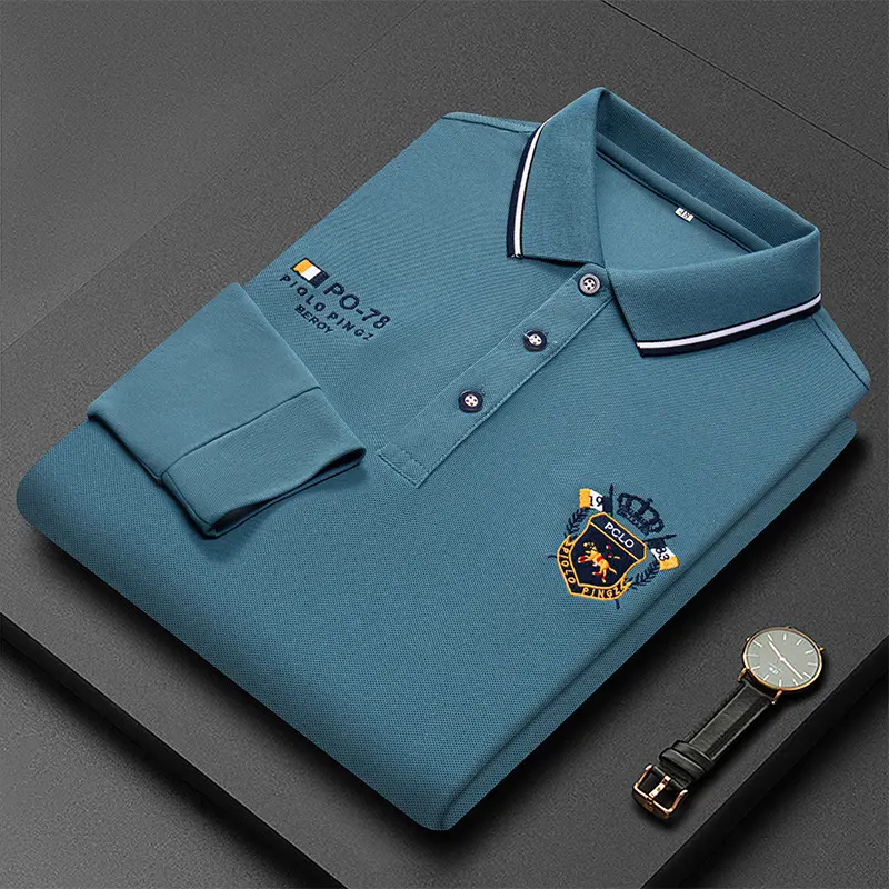 New Mens Casual Embroidered Polo Shirt Luxury Long Sleeve Top Lapel T-shirt Fashion Streetwear