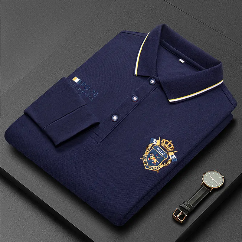 New Mens Casual Embroidered Polo Shirt Luxury Long Sleeve Top Lapel T-shirt Fashion Streetwear