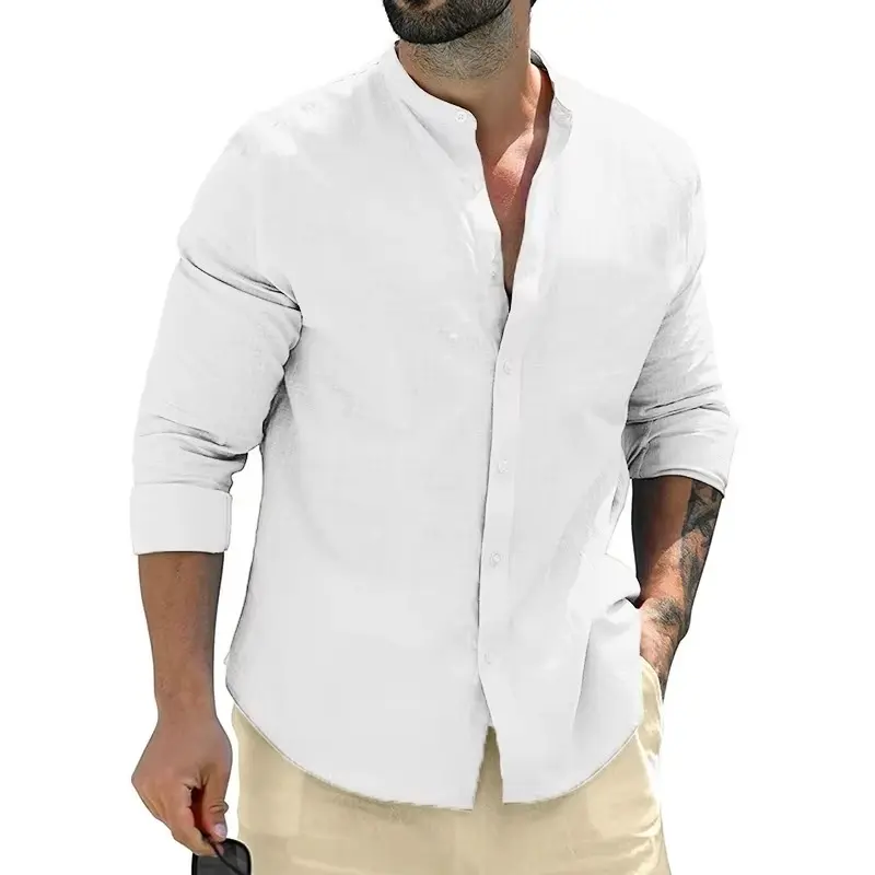 Men's Cotton Long Sleeve Shirts Casual Button Down Banded Collar Shirt Autumn Men Dress Shirt Casual Business Shirts Men