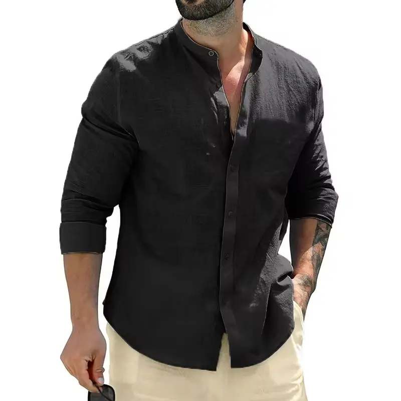 Men's Cotton Long Sleeve Shirts Casual Button Down Banded Collar Shirt Autumn Men Dress Shirt Casual Business Shirts Men